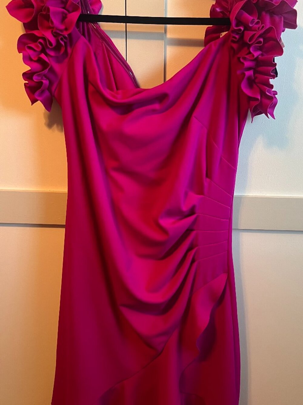 NWT Xscape Off-The-Shoulder Ruffle Sleeve Scuba Crepe Dress - Fuchsia